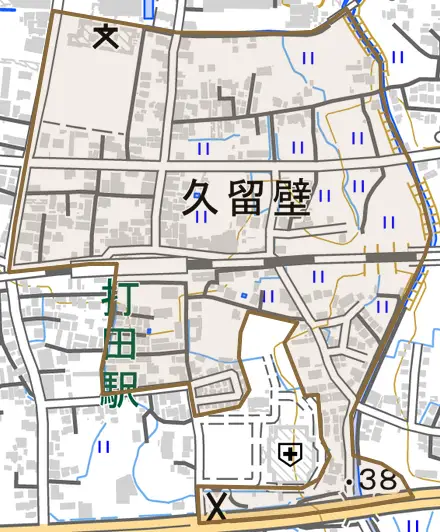 久留壁とその周辺の地図。町の範囲を重ねている