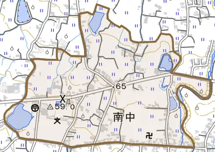 南中とその周辺の地図。町の範囲を重ねている