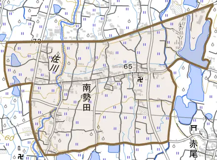 南勢田とその周辺の地図。町の範囲を重ねている
