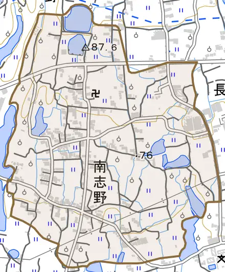 南志野とその周辺の地図。町の範囲を重ねている