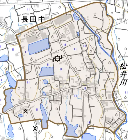 長田中とその周辺の地図。町の範囲を重ねている