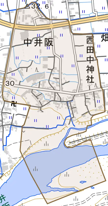 中井阪とその周辺の地図。町の範囲を重ねている