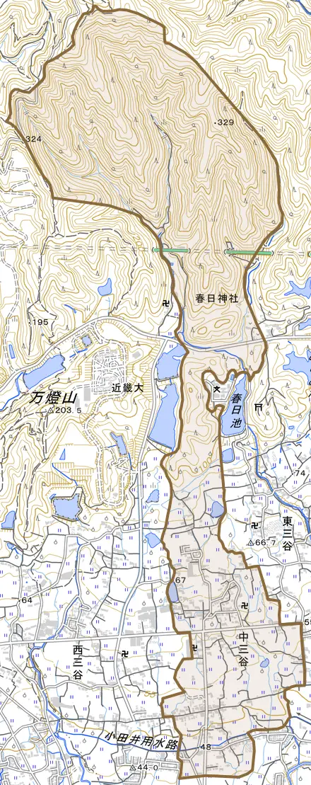 中三谷とその周辺の地図。町の範囲を重ねている