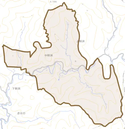 中鞆渕とその周辺の地図。町の範囲を重ねている