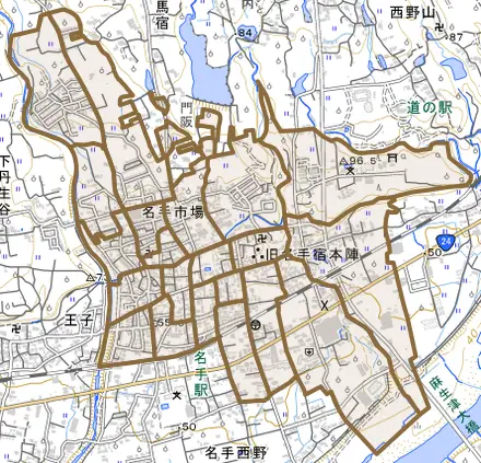 名手市場とその周辺の地図。町の範囲を重ねている