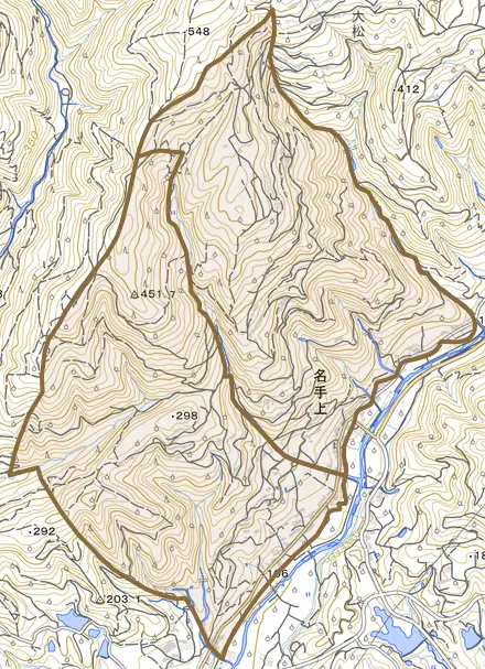名手上とその周辺の地図。町の範囲を重ねている