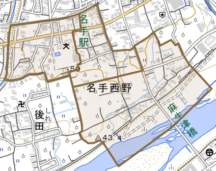 名手西野とその周辺の地図。町の範囲を重ねている