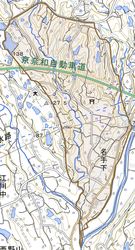 名手下とその周辺の地図。町の範囲を重ねている