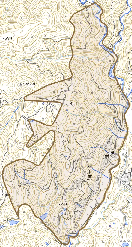 西川原とその周辺の地図。町の範囲を重ねている