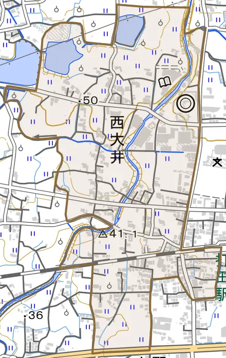 西大井とその周辺の地図。町の範囲を重ねている