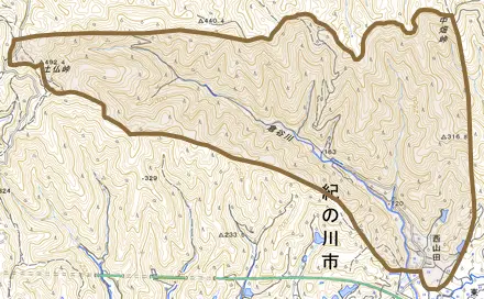 西山田とその周辺の地図。町の範囲を重ねている