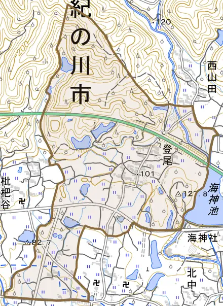 登尾とその周辺の地図。町の範囲を重ねている