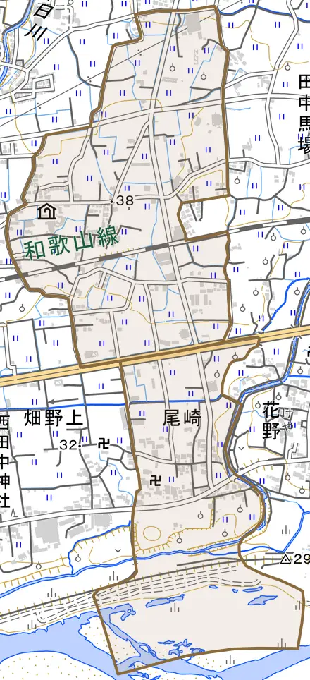 尾崎とその周辺の地図。町の範囲を重ねている