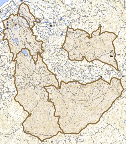 麻生津中とその周辺の地図。町の範囲を重ねている
