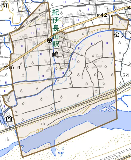 嶋とその周辺の地図。町の範囲を重ねている
