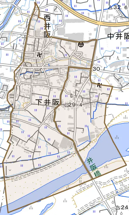 下井阪とその周辺の地図。町の範囲を重ねている