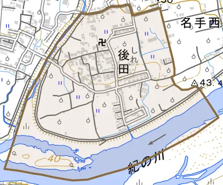 後田とその周辺の地図。町の範囲を重ねている