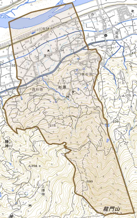 杉原とその周辺の地図。町の範囲を重ねている