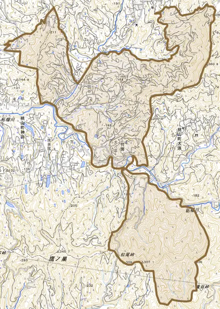 竹房とその周辺の地図。町の範囲を重ねている