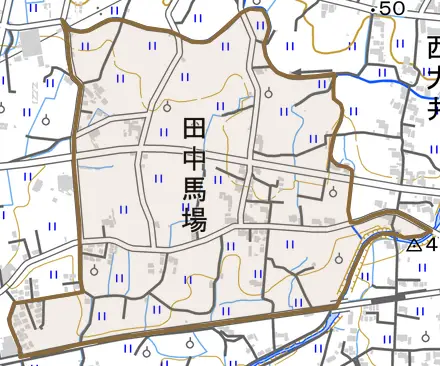 田中馬場とその周辺の地図。町の範囲を重ねている