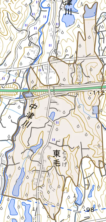 東毛とその周辺の地図。町の範囲を重ねている