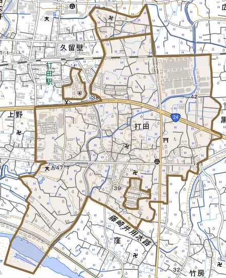 打田とその周辺の地図。町の範囲を重ねている