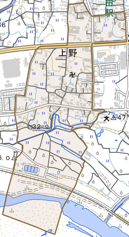 上野とその周辺の地図。町の範囲を重ねている