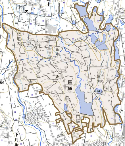 馬宿とその周辺の地図。町の範囲を重ねている