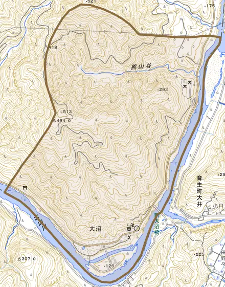 大字大沼とその周辺の地図。町の範囲を重ねている