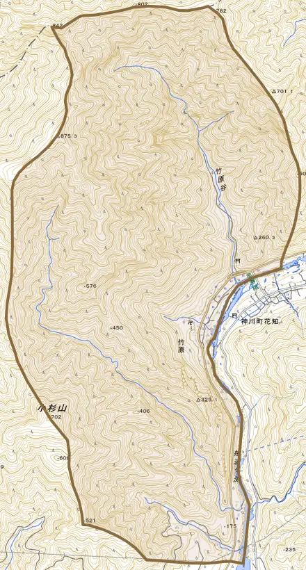 大字竹原とその周辺の地図。町の範囲を重ねている