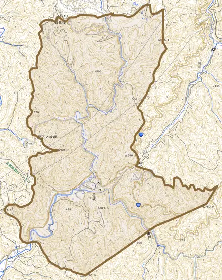 大字花坂とその周辺の地図。町の範囲を重ねている