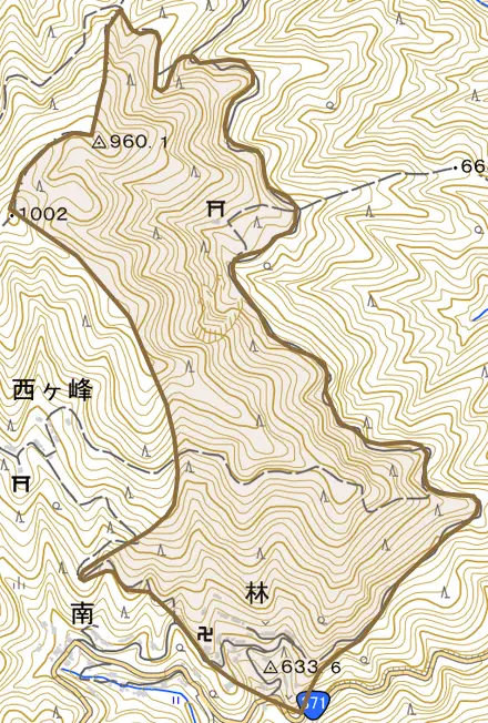 大字林とその周辺の地図。町の範囲を重ねている