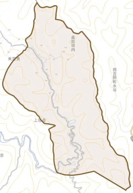 大字東富貴とその周辺の地図。町の範囲を重ねている