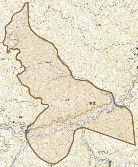 大字平原とその周辺の地図。町の範囲を重ねている