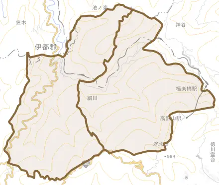 大字細川とその周辺の地図。町の範囲を重ねている