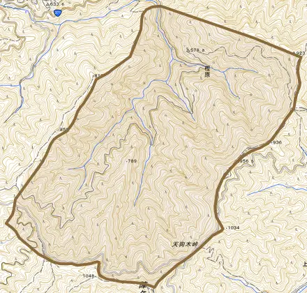 大字樫原とその周辺の地図。町の範囲を重ねている