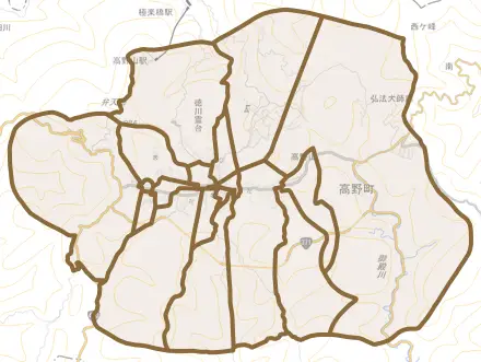 大字高野山とその周辺の地図。町の範囲を重ねている
