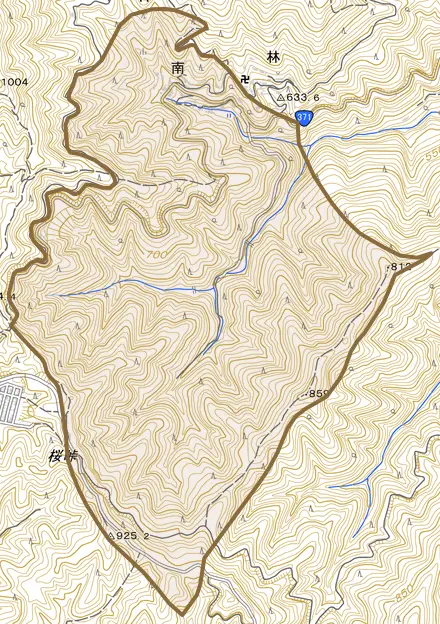 大字南とその周辺の地図。町の範囲を重ねている
