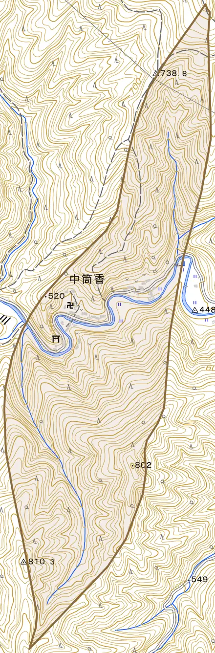 大字中筒香とその周辺の地図。町の範囲を重ねている