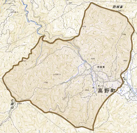 大字西富貴とその周辺の地図。町の範囲を重ねている
