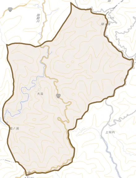 大字大滝とその周辺の地図。町の範囲を重ねている