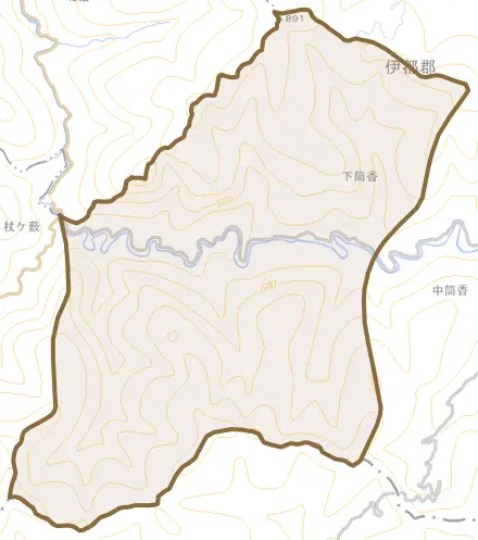 大字下筒香とその周辺の地図。町の範囲を重ねている