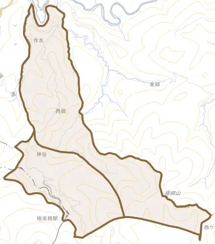 大字西郷とその周辺の地図。町の範囲を重ねている