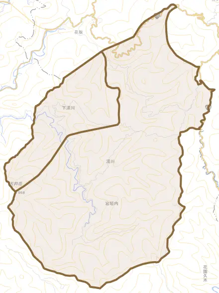 大字湯川とその周辺の地図。町の範囲を重ねている
