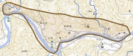 一雨とその周辺の地図。町の範囲を重ねている