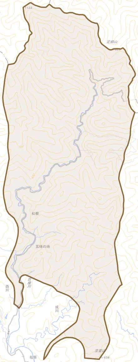松根とその周辺の地図。町の範囲を重ねている