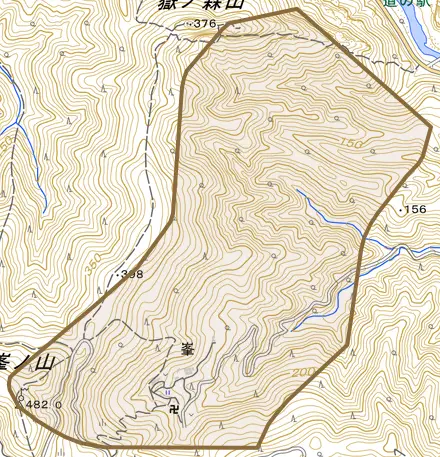 峯とその周辺の地図。町の範囲を重ねている