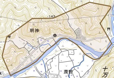 明神とその周辺の地図。町の範囲を重ねている