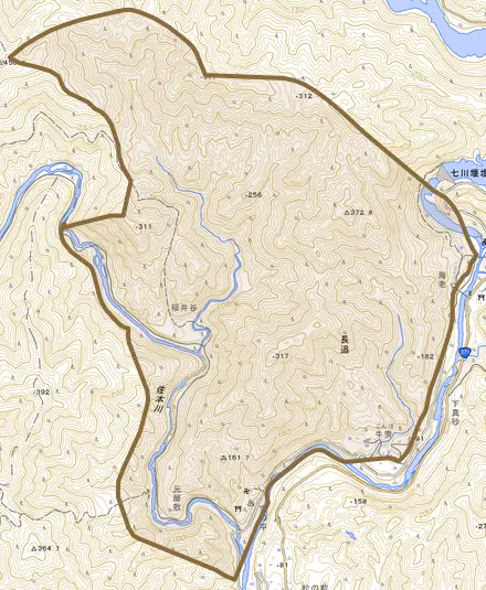 長追とその周辺の地図。町の範囲を重ねている