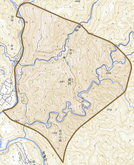 成川とその周辺の地図。町の範囲を重ねている